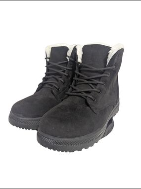 Alicegana - Women's Black Faux-Suede Lace-Up Winter Boots with White Shearling